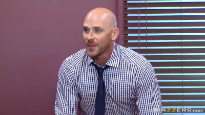 Bald Nicole Aniston with Johnny Sins blowjob in office