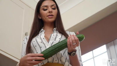 Big tits Krystal Webb closeup posing in the kitchen