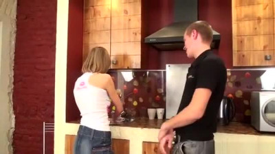 European teen chick rough blowjob in the kitchen